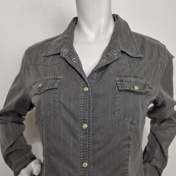 Harley Davidson Gray Moto Bikercore Long Sleeve Button Front Denim Jacket Size M - Picture 2 of 13